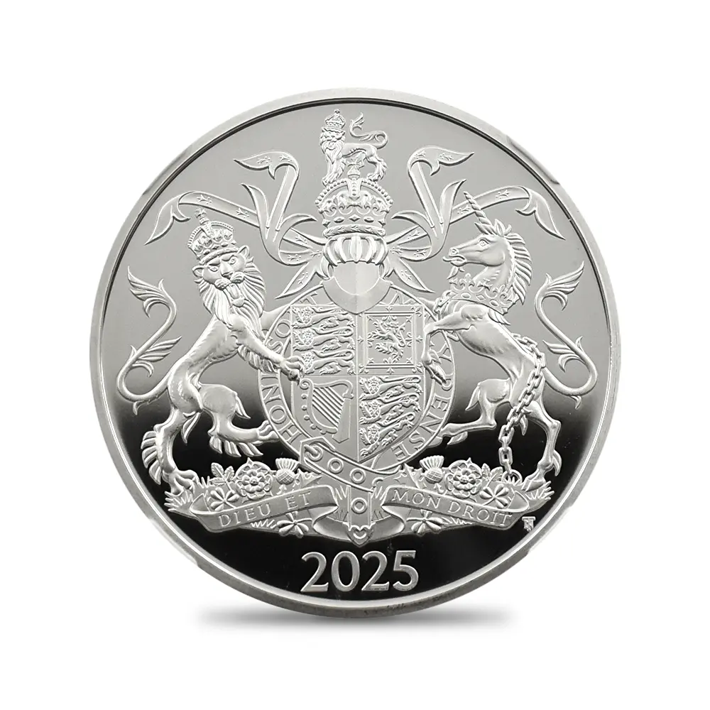 モダンコイン2：6618 2025 チャールズ3世 ロイヤルアームズ 5ポンド銀貨 発行即日鑑定品 NGC PF68UC 箱付き