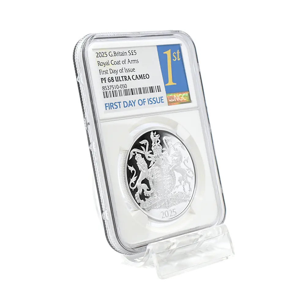 モダンコイン6：6618 2025 チャールズ3世 ロイヤルアームズ 5ポンド銀貨 発行即日鑑定品 NGC PF68UC 箱付き