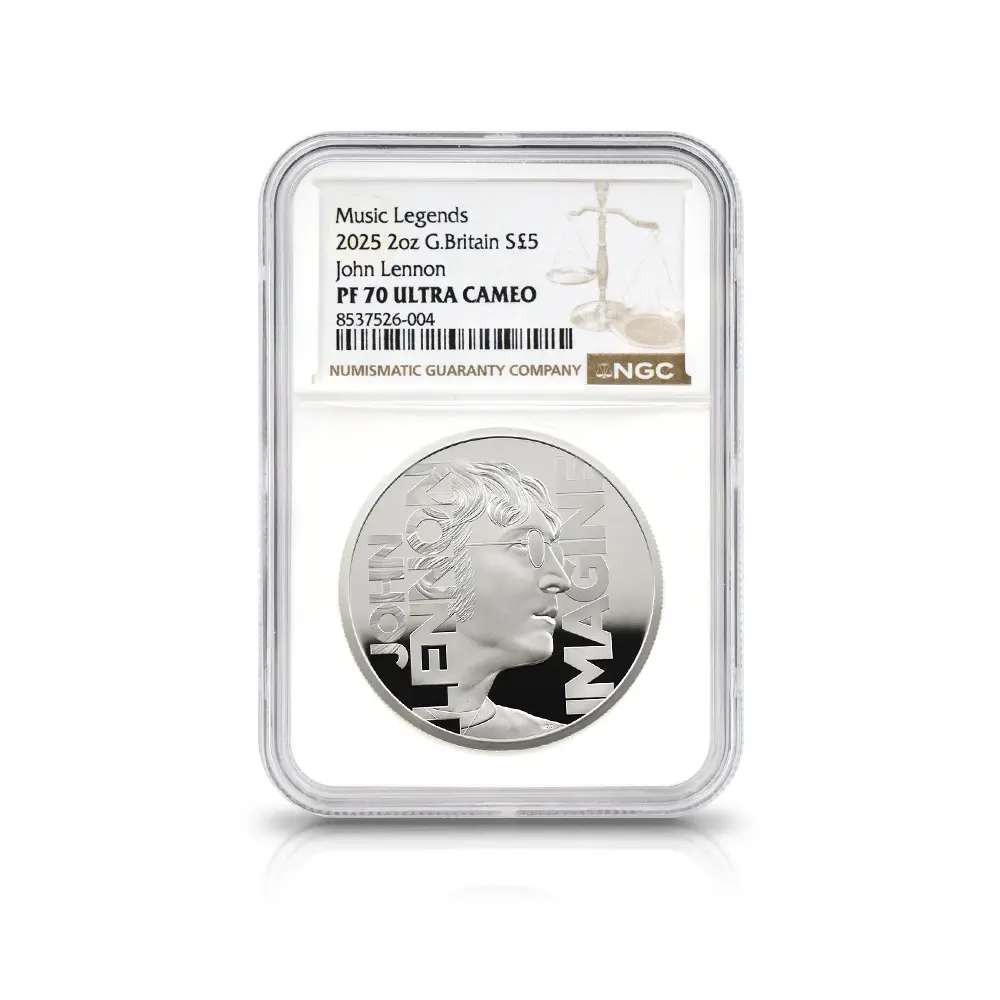 モダンコイン4:6615 2025 チャールズ3世 ミュージックレジェンド第10弾 ジョン・レノン 5ポンド2オンス銀貨 NGC PF70UC 箱付き