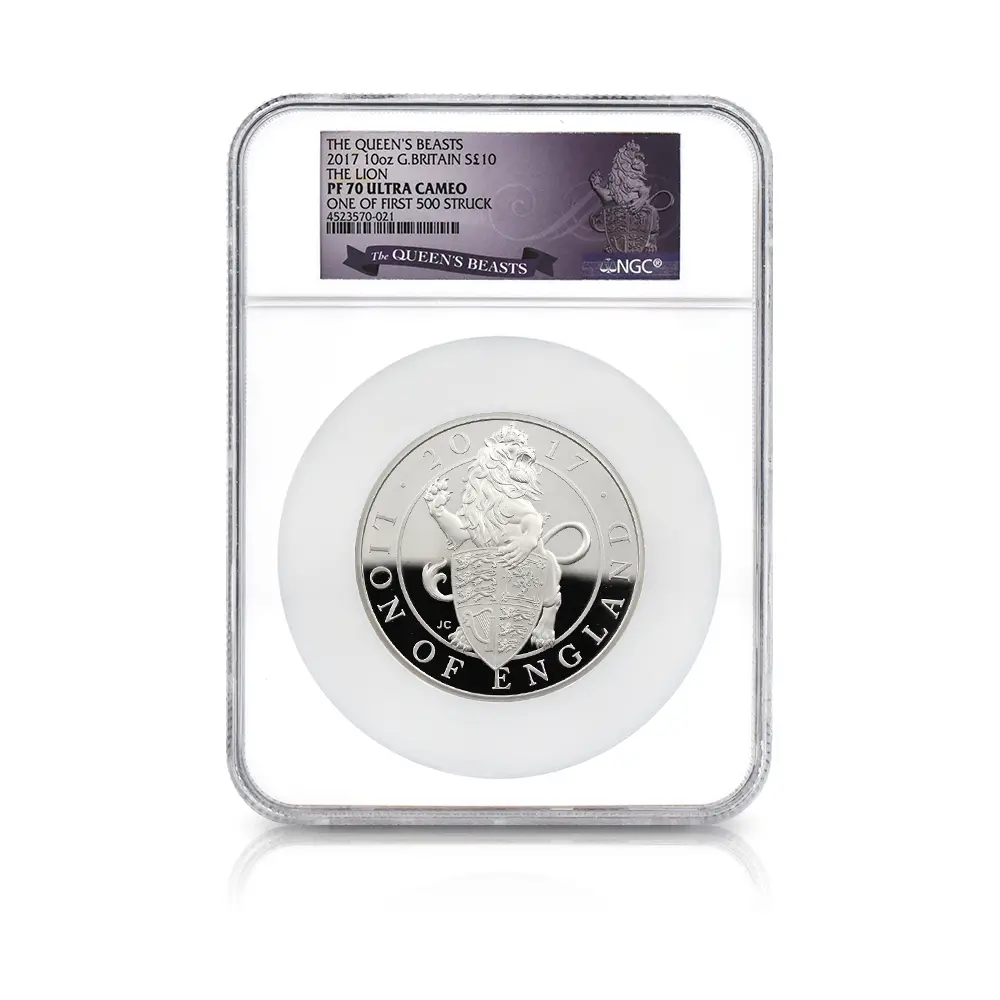 モダンコイン4：6637 2017 エリザベス2世 クイーンズビースト イングランドのライオン 10ポンド10オンス銀貨 ファースト500ストラック NGC PF70UC 箱付き
