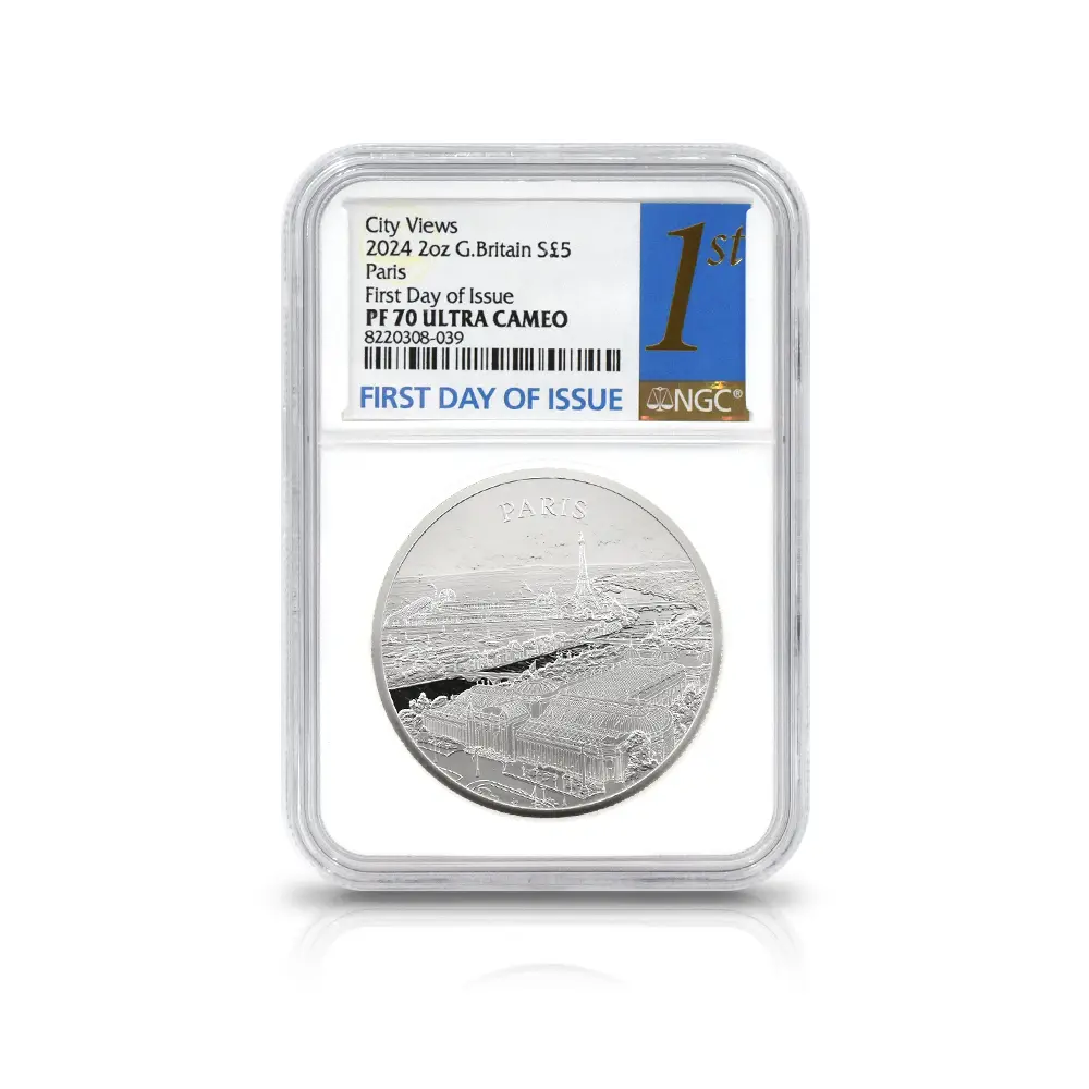 モダンコイン4:6639 2024 チャールズ3世 都市景観シリーズ第3弾 パリ5ポンド2オンス銀貨 発行即日鑑定品 NGC PF70UC 箱付き