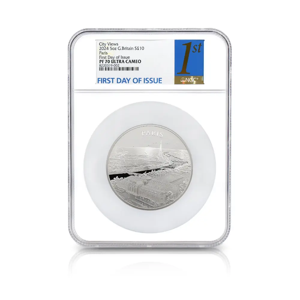 モダンコイン4:6640 2024 チャールズ3世 都市景観シリーズ第3弾 パリ10ポンド5オンス銀貨 発行即日鑑定品 NGC PF70UC 箱付き