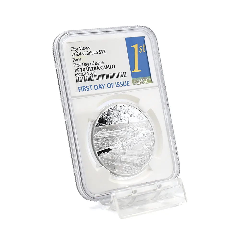 モダンコイン6：6643 2024 チャールズ3世 都市景観シリーズ第3弾 パリ 2ポンド1オンス銀貨 発行即日鑑定品 NGC PF70UC 箱付き