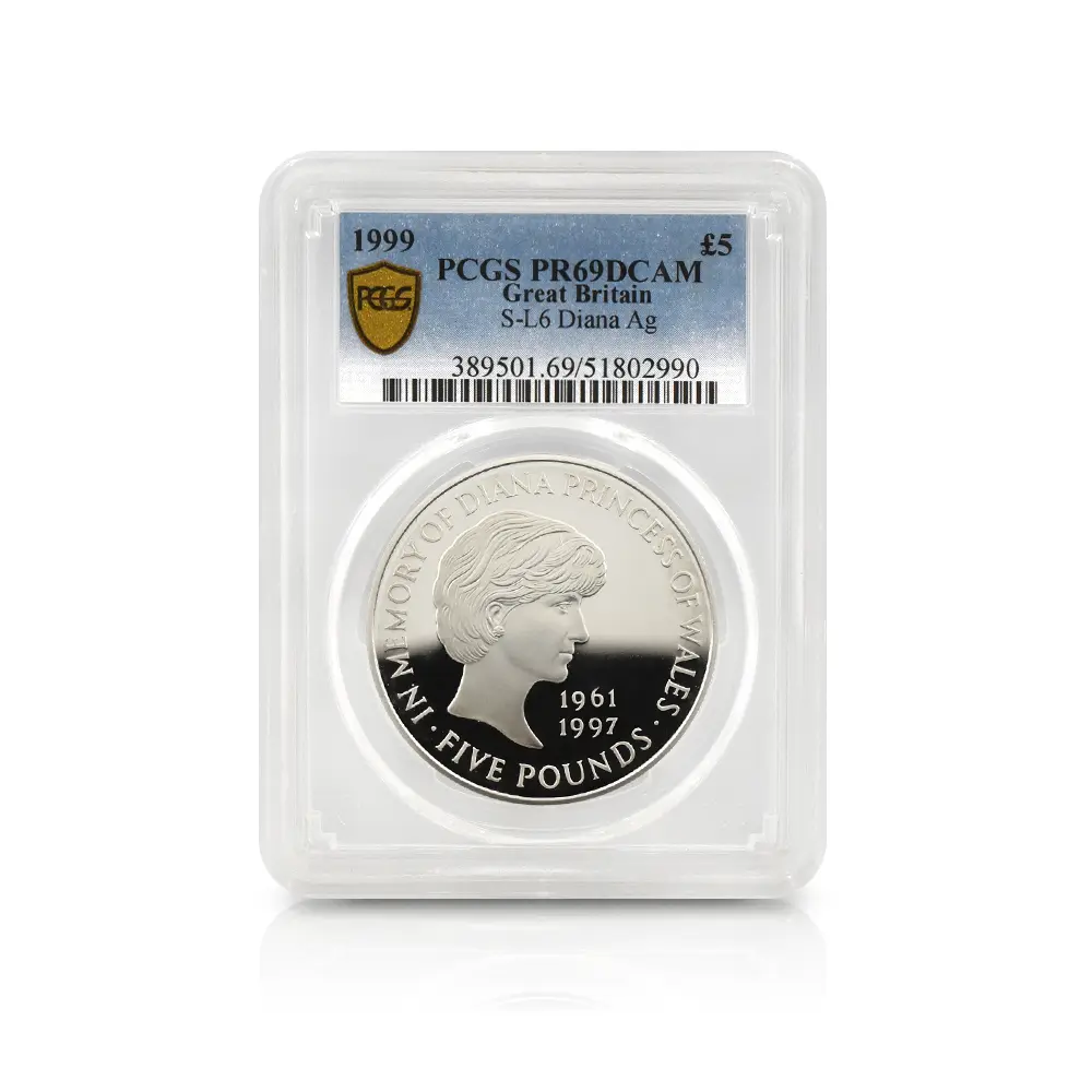 モダンコイン4:6648 1999 エリザベス2世 ダイアナ妃追悼記念 5ポンド銀貨 PCGS PR69DC S-L6 箱付き(外箱なし)