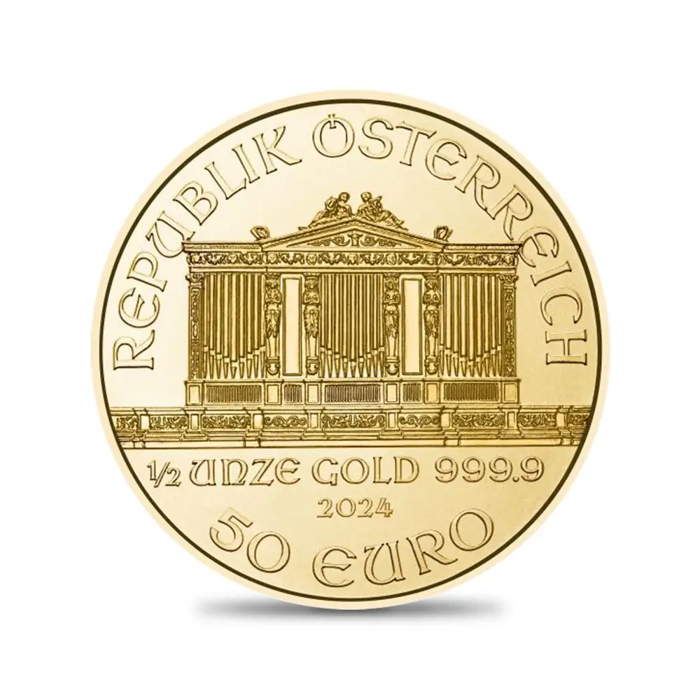 地金型3：3987 オーストリア 2024 ウィーンフィル 50ユーロ 1/2オンス 金貨 【1枚】 (コインケース付き)