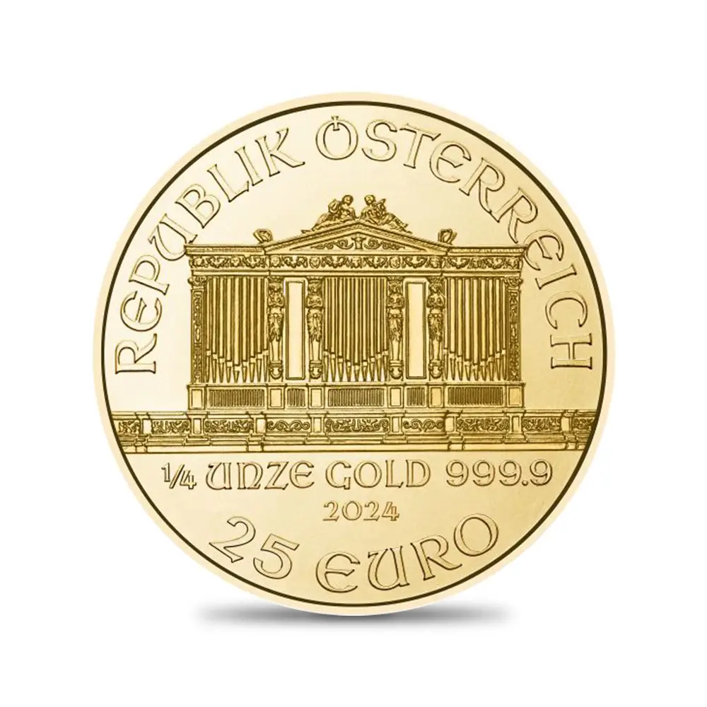 地金型3：3988 オーストリア 2024 ウィーンフィル 25ユーロ 1/4オンス 金貨 【1枚】 (コインケース付き)
