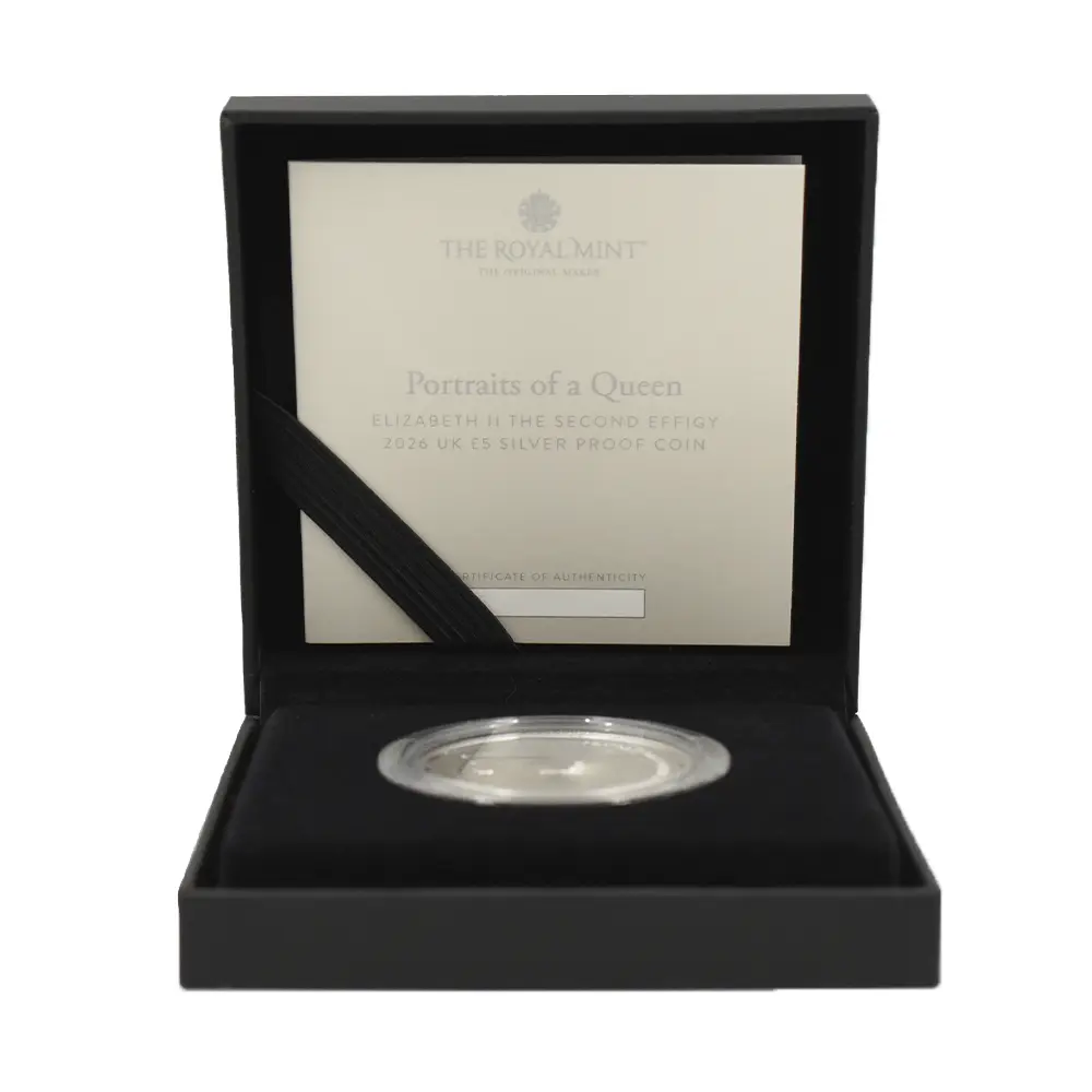 モダンコイン6：6428 2026 チャールズ3世 エリザベス2世のコイン肖像シリーズ 第二弾 ヤングエリザベス 5ポンドプルーフ銀貨 未鑑定 箱付き