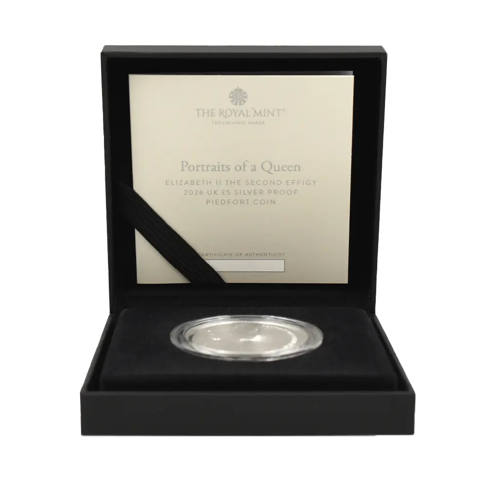 モダンコイン6：6429 2026 チャールズ3世 エリザベス2世のコイン肖像シリーズ 第二弾 ヤングエリザベス 5ポンドプルーフピエフォー銀貨 未鑑定 箱付き