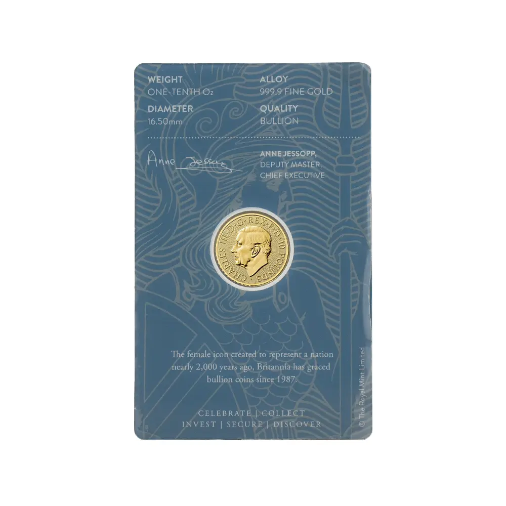 地金型5：6676 【プリントエラー】イギリス 2025 チャールズ3世 ブリタニア 10ポンド 1/10オンス 金貨 【1枚】(ブリスターパック付き)