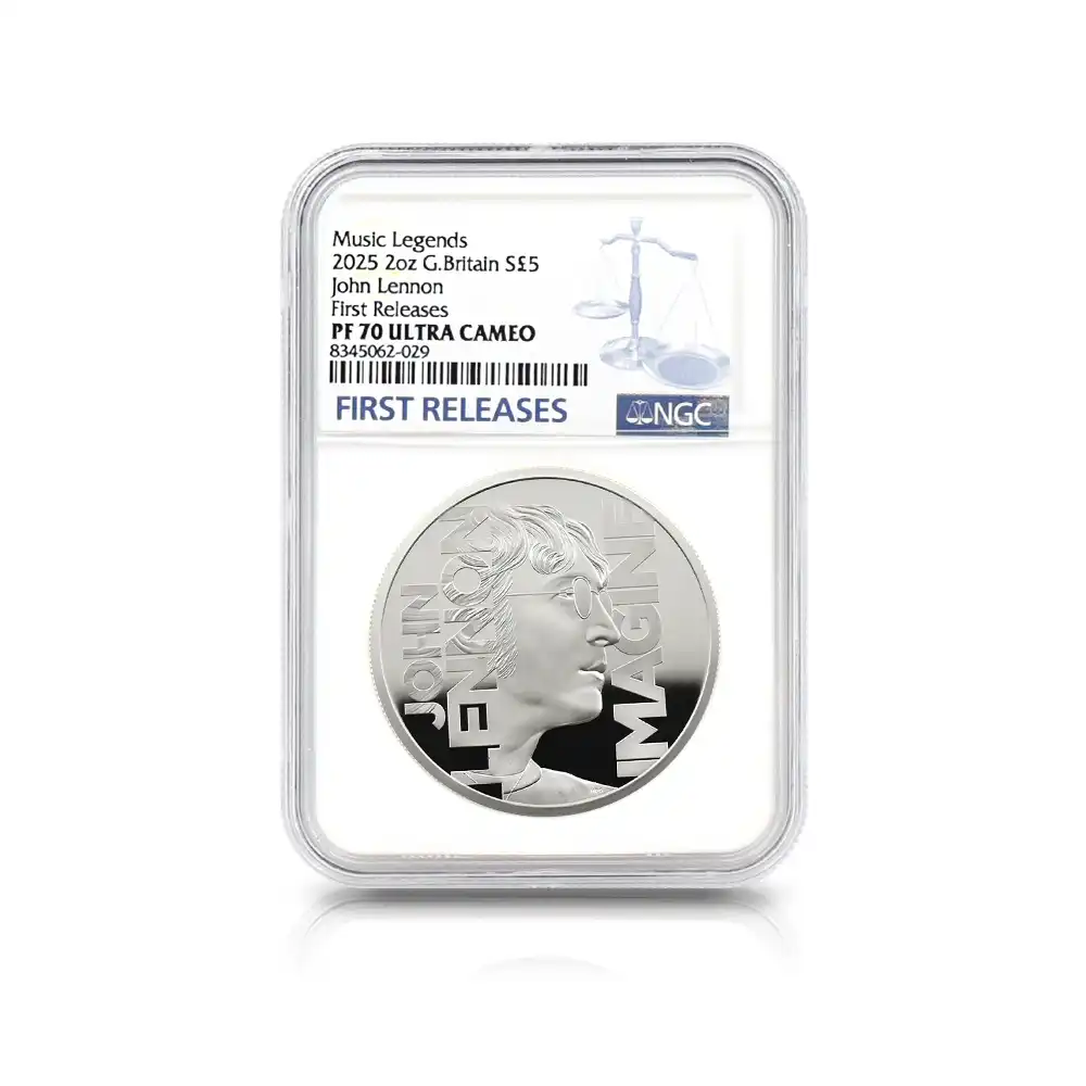 モダンコイン4：6686 2025 チャールズ3世 ミュージックレジェンド第10弾 ジョン・レノン 5ポンド2オンス銀貨 ファーストリリース NGC PF70UC