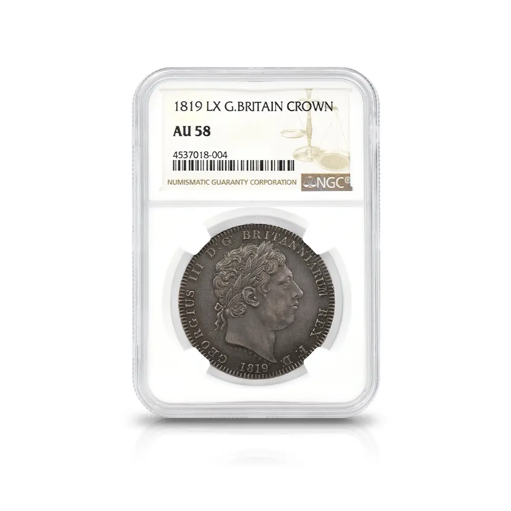 アンティークコイン4:6682 1819 LX ジョージ3世 聖ジョージ竜退治 クラウン銀貨 NGC AU58