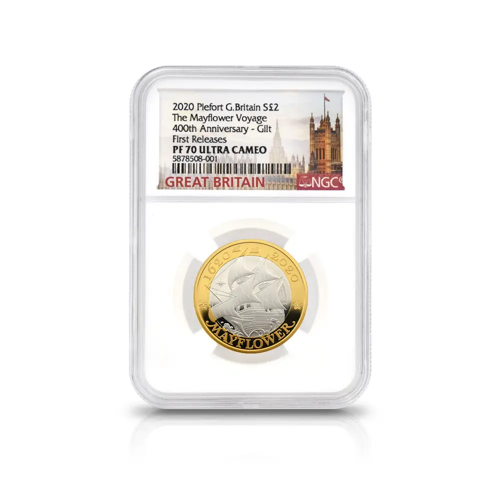 モダンコイン4：6684 2020 エリザベス2世 メイフラワー号出航400周年 2ポンドピエフォー銀貨 金メッキ付 ファーストリリース NGC PF70UC 箱付き