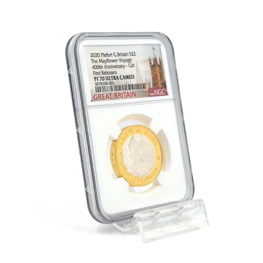 モダンコイン6：6684 2020 エリザベス2世 メイフラワー号出航400周年 2ポンドピエフォー銀貨 金メッキ付 ファーストリリース NGC PF70UC 箱付き