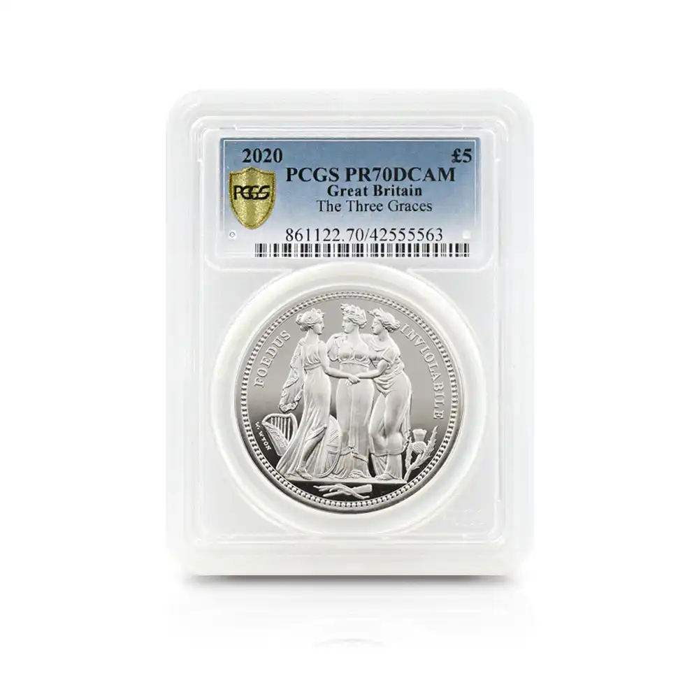 モダンコイン4：6681 イギリス 2020 エリザベス2世 スリーグレーセス 5ポンド2オンス銀貨 PCGS PR70DC 箱付き